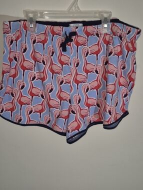 CROWN & IVY Navy Trim Lounge Shorts with Pink Flamingo Print on Light Blue